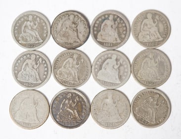 12 ASSORTED SEATED LIBERTY DIMES.