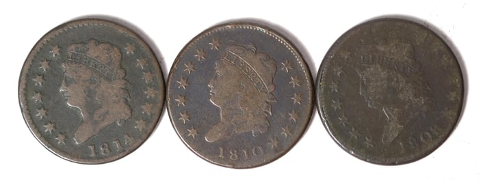 THREE EARLY 19TH C. AMERICAN LARGE CENT COINS.