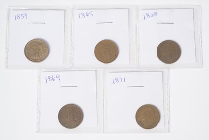 FIVE MID 19TH C. AMERICAN INDIAN CENT COINS.