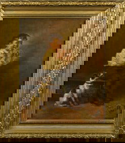 OIL ON CANVAS, BOY WITH DOG, ATTRIB. J.G. BROWN.