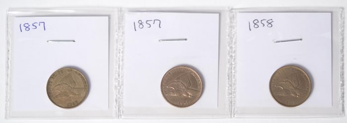 THREE MID 19TH C. AMERICAN FLYING EAGLE CENT COINS.