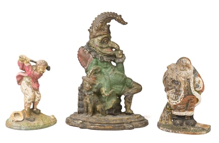 THREE VINTAGE DOOR STOPS: SANTA, GOLFER AND PUNCH.