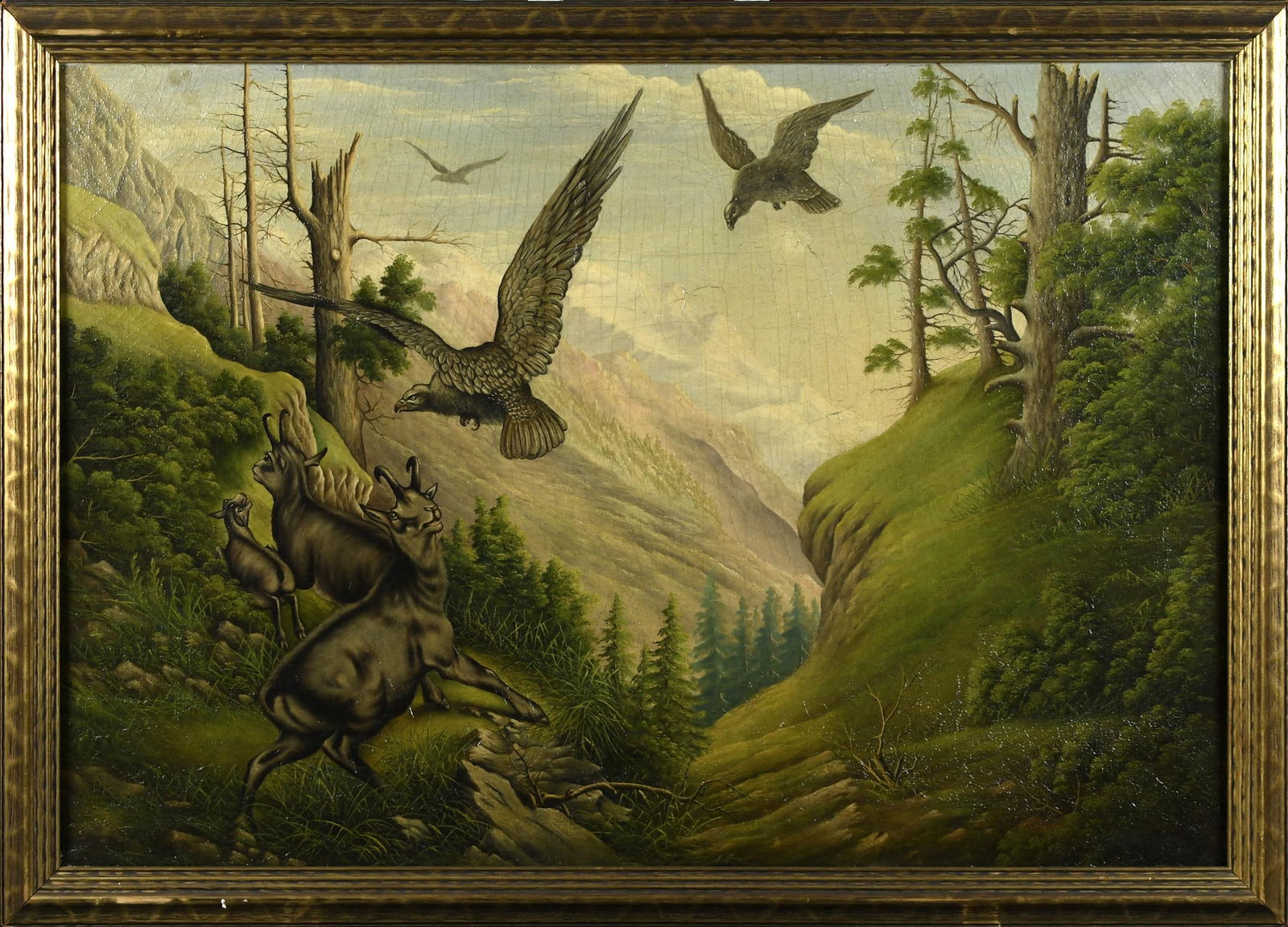 LEVI WELLS PRENTICE OIL ON CANVAS, CANYON LANDSCAPE.: Levi Wells Prentice (1851-1935) oil on canvas, depicting birds of prey and mountain goats in a canyon landscape, signed lower right, L.W. Prentice. Canvas 26.25” x 38”, Overall in gilt fra