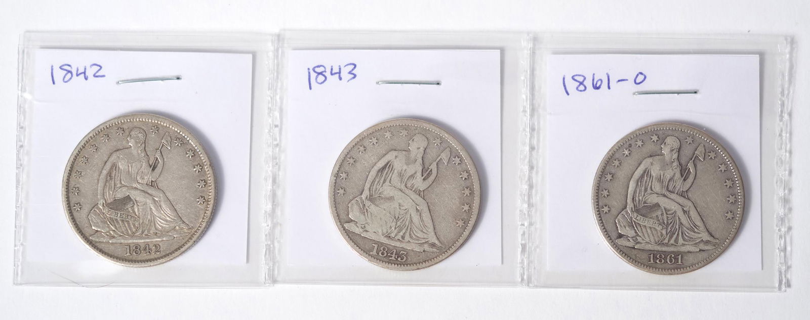 THREE MID 19TH C. AMERICAN SEATED HALF DOLLAR COINS. (1 of 7)