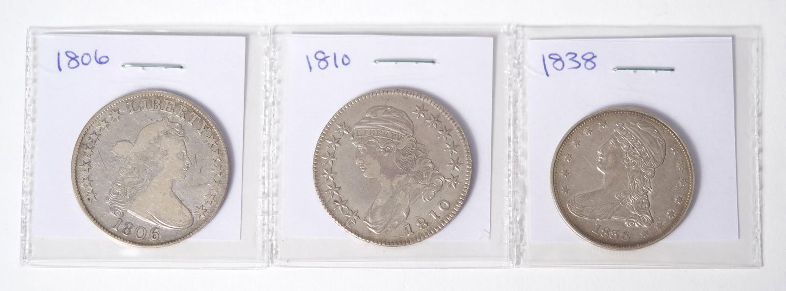 THREE EARLY/MID 19TH C. AMERICAN HALF DOLLAR COINS. (1 of 7)