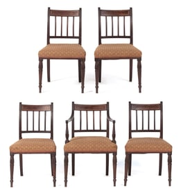 SHERATON CARVED AND INLAID DINING CHAIRS, 5PCS.