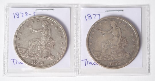 TWO MID 19TH C. AMERICAN TRADE DOLLAR COINS.