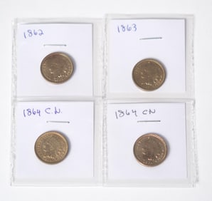 FOUR MID 19TH C. AMERICAN COPPER NICKEL INDIAN CENTS.