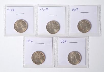 FIVE EARLY 20TH C. AMERICAN LIBERTY NICKEL COINS.