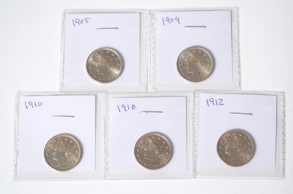 FIVE EARLY 20TH C. LIBERTY NICKEL COINS.