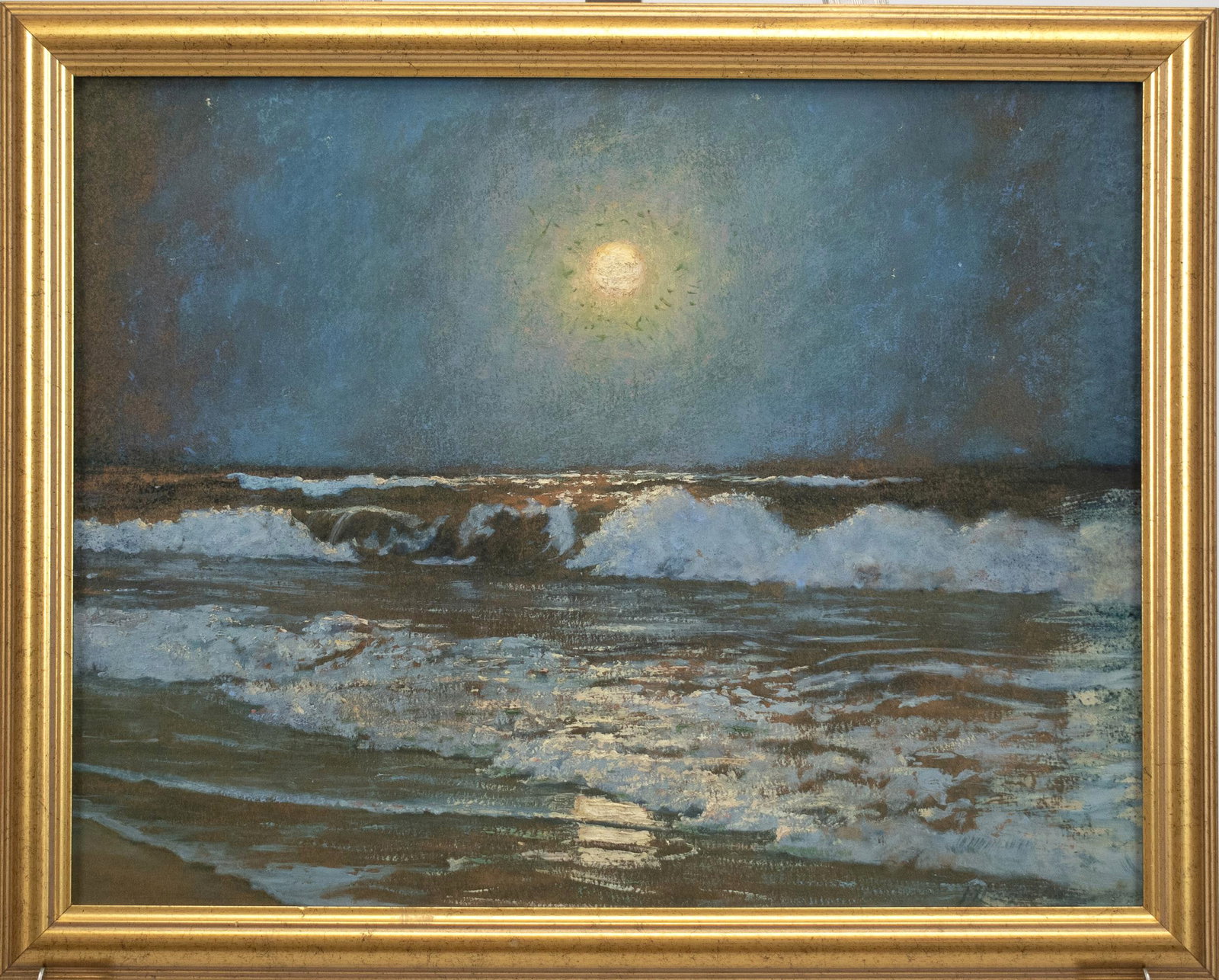 VINTAGE GOUACHE, MOONLIT WAVES.: A vintage gouache on artist’s board, moon light over waves, illegibly signed lower right, Image 14” x 18”, Overall in gilt frame 16” x 20”.
