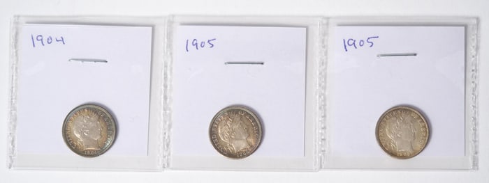 THREE EARLY 20TH C. AMERICAN BARBER DIME COINS.