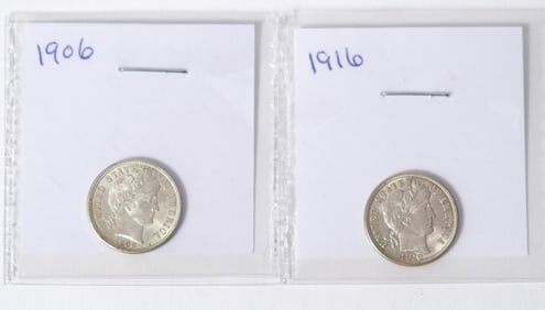 TWO EARLY 20TH C. AMERICAN BARBER DIME COINS.