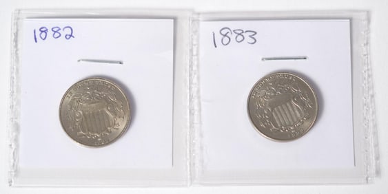 TWO LATE 19TH C. AMERICAN SHIELD NICKEL COINS.