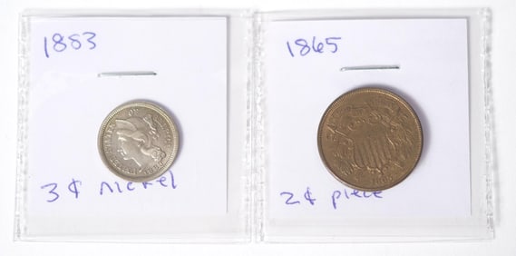 MID/LATE 19TH C. TWO AND THREE CENT PIECES.
