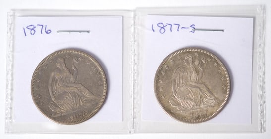 TWO MID 19TH C. AMERICAN SEATED HALF DOLLAR COINS.