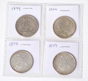 FOUR 19TH/EARLY 20TH C. AMERICAN HALF DOLLAR COINS.