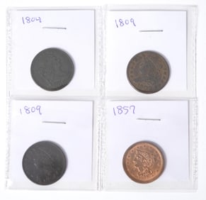 FOUR 19TH C. AMERICAN HALF CENT COINS.