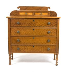 19TH C. SHERATON FLAME BIRCH DECK TOP CHEST.