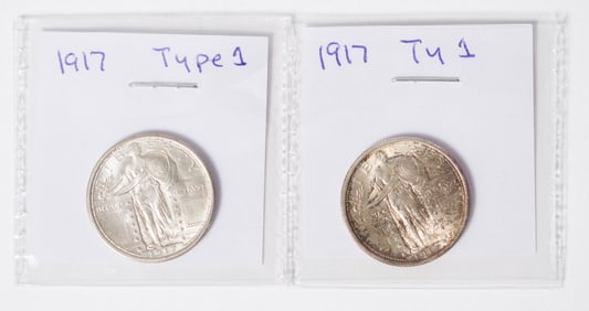 TWO EARLY 20TH C. TYPE 1 STANDING LIBERTY QUARTERS.