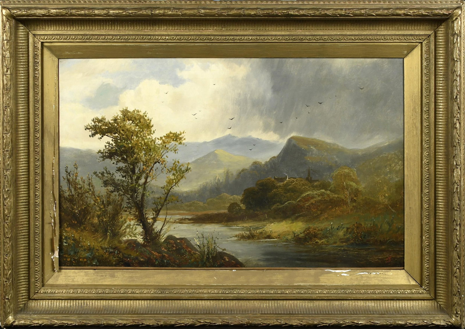 19TH C. OIL, LANDSCAPE, ATTRIB. DAVID JOHNSON.: A 19th C. oil on canvas, bucolic mountain landscape with storm clouds, and a distant house on river’s edge, monogrammed lower right D.J., attributed to David Johnson. Canvas 16” x 26”