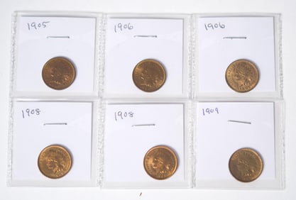 SIX EARLY 20TH C. AMERICAN INDIAN HEAD CENT COINS.
