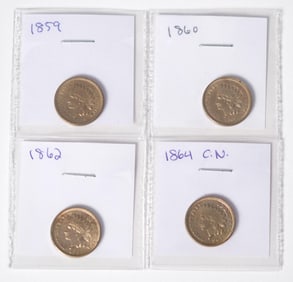 FOUR MID 19TH C. AMERICAN COPPER NICKEL INDIAN CENTS.