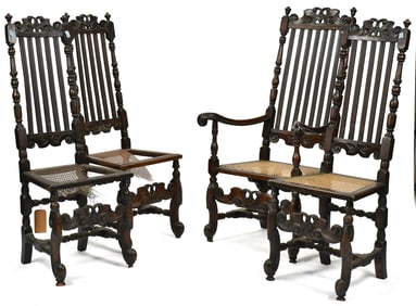 FOUR WILLIAM AND MARY BANNISTER BACK CHAIRS.