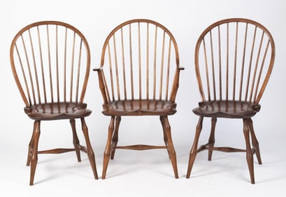 SIX VINTAGE D.R. DIMES BOW BACK CHAIRS.