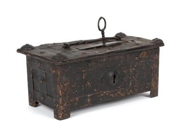 EARLY LEATHER WRAPPED STRONG BOX.