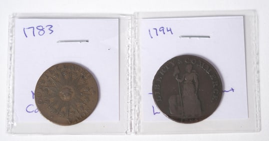TWO AMERICAN COLONIAL COINS.