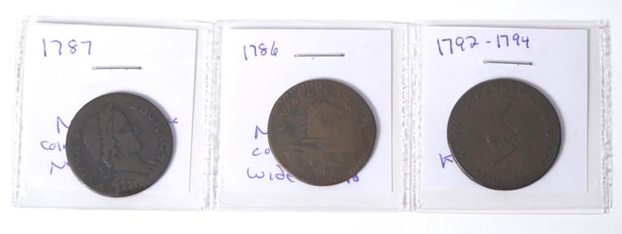 THREE AMERICAN COLONIAL COINS.