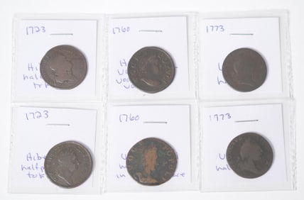 SIX COLONIAL COINS.