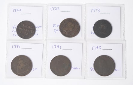 SIX AMERICAN COLONIAL COINS.