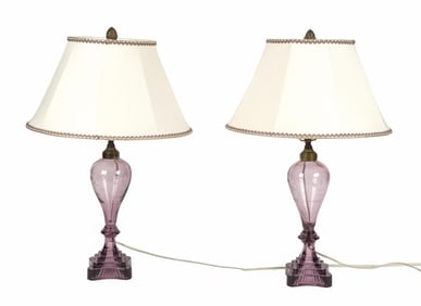 PAIR OF 19TH C. AMETHYST OIL LAMPS.