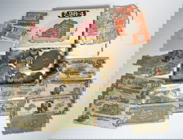 LOT OF ASSORTED TOKENS & PAPER MONEY.