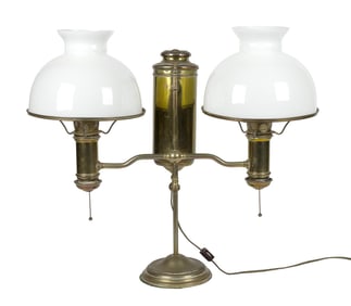 ANTIQUE BRASS DOUBLE STUDENT LAMP.