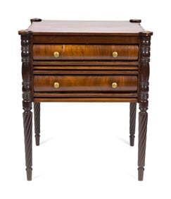 FEDERAL CARVED MAHOGANY TWO DRAWER STAND.