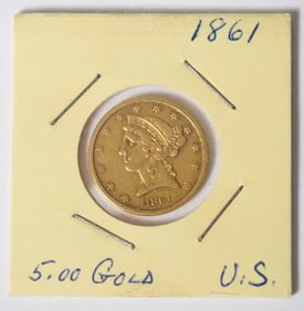 MID 19TH C. FIVE DOLLAR GOLD PIECE.