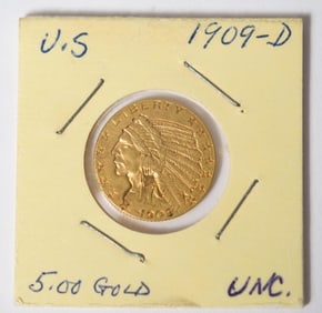 EARLY 20TH C. FIVE DOLLAR GOLD PIECE.