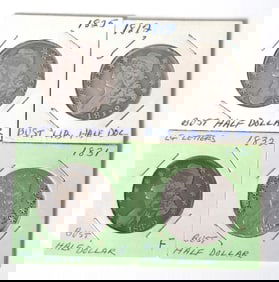 FOUR EARLY/MID 19TH C. BUST HALF DOLLARS.