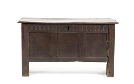 ANTIQUE OAK THREE PANEL DOWER CHEST.