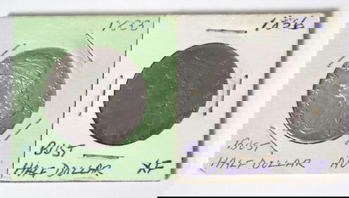 TWO MID 19TH C. BUST HALF DOLLARS.