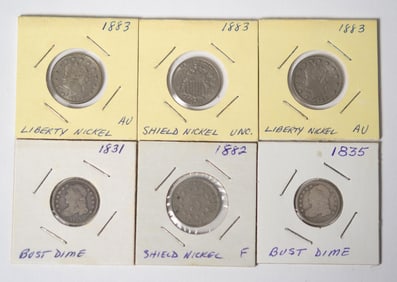 SIX MID 19TH C. AMERICAN COINS.
