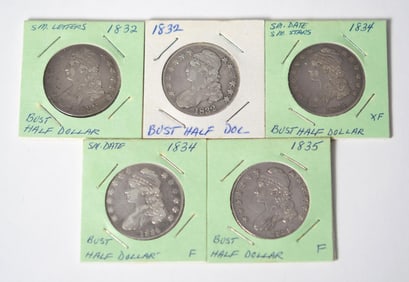 FIVE MID 19TH C. BUST HALF DOLLARS.