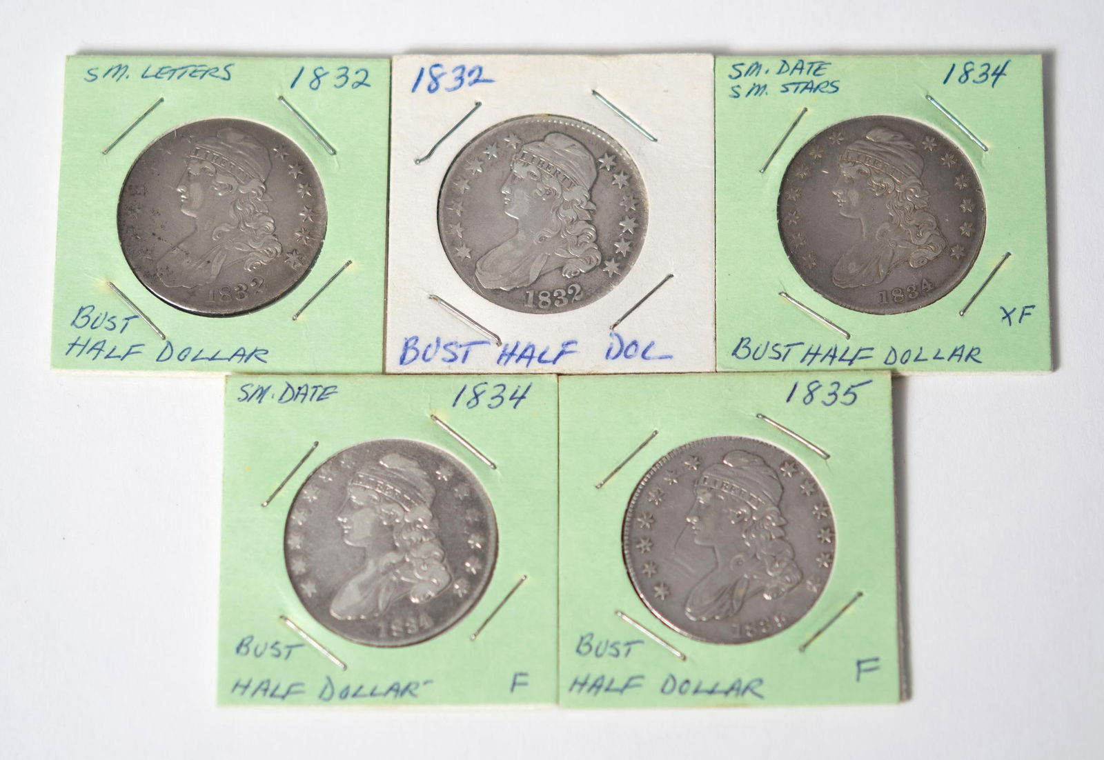 FIVE MID 19TH C. BUST HALF DOLLARS. (1 of 12)