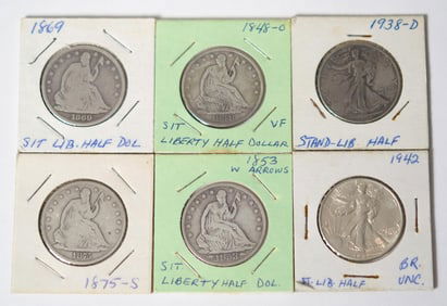 SIX 19TH/20TH C. AMERICAN HALF DOLLARS.
