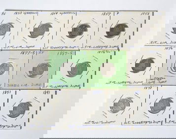 11 ASSORTED 19TH C. SEATED LIBERTY DIMES.