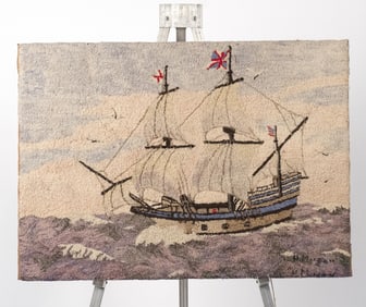 VINTAGE MARINE HOOKED RUG, SIGNED MORGAN.
