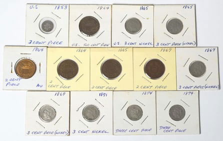 FIVE 2 CENT PIECES AND EIGHT 3 CENT PIECES.